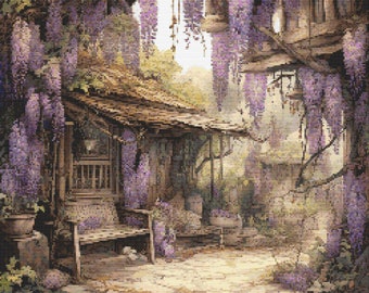 May include: A rustic wooden cottage with a weathered roof, surrounded by a lush purple wisteria vine. The cottage has a wooden bench and a window with a view of a garden.