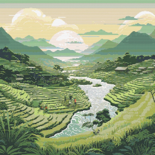 Rice Paddies Scene 2 Cross-Stitch Pattern Digital Download