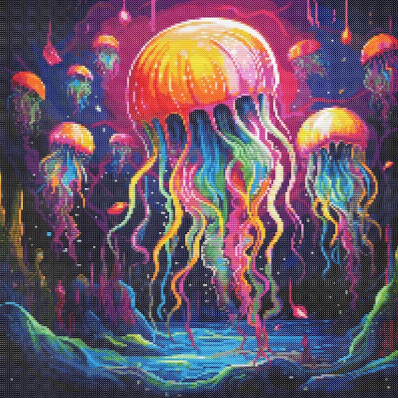 レインボークラゲ 1 クロスステッチパターン デジタルダウンロード