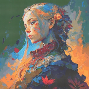 Puede incluir: Una mujer con el pelo largo y rubio y un vestido azul y rojo. Lleva una corona de flores y tiene un fondo colorido.