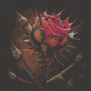 Pode incluir: Uma rosa vermelha com espinhos crescendo de um coração marrom. A rosa é cercada por folhas verde-escuras e espinhos.