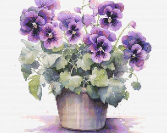 Potted Violet Watercolor 3 Cross-Stitch Pattern Digital Download