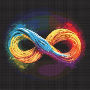 Könnte beinhalten: Ein farbenfrohes Unendlichkeitszeichen mit einem blauen und gelben Wirbel auf schwarzem Hintergrund.