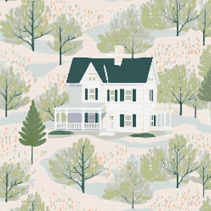 Abstract Green Gables House Cross-Stitch Pattern Digital Download