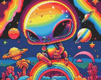 Rainbow Space Alien Cross-Stitch Pattern Digital Download