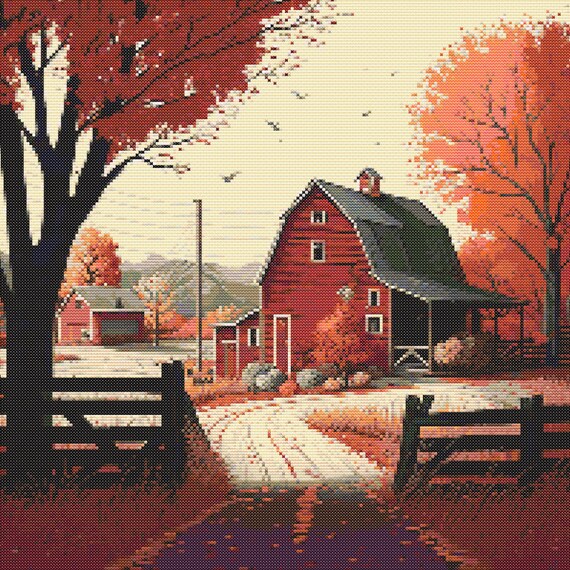 Red Barn in Autumn Scene 3 Cross-Stitch Pattern Digital Download