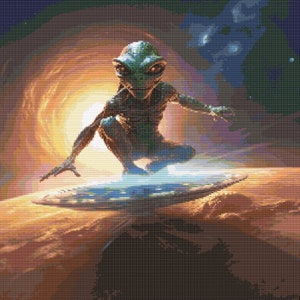 Alien Surfing on A Flying Saucer Cross-Stitch Pattern Digital Download