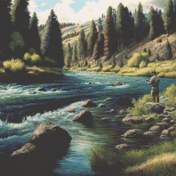 Fly Fishing in an Idaho River Cross-Stitch Pattern Digital Download