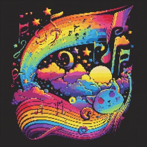 May include: A pixelated rainbow design with a cat sleeping on a cloud. The rainbow is made up of musical notes and stars. The background is black.