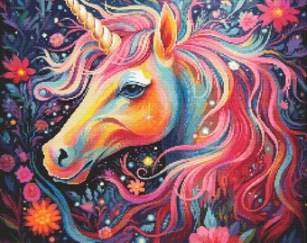Unicornio mágico en colores brillantes 6 Patrón de punto de cruz Descarga digital