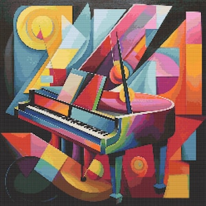 May include: A colorful abstract painting of a grand piano with geometric shapes in shades of blue, red, yellow, and pink.