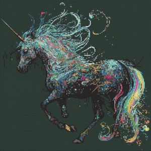 Könnte beinhalten: Ein farbenfrohes, abstraktes Einhorn mit einer fließenden Mähne und einem Schweif. Das Einhorn ist in einem lebendigen, fast pixelartigen Stil dargestellt, vor einem dunkelgrünen Hintergrund.