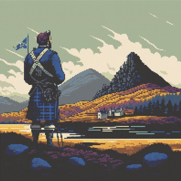 Scottish Highlands Scene with Man in Kilt Cross-Stitch Pattern Digital Download