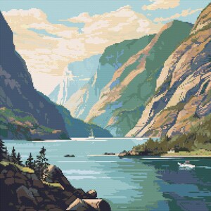 May include: A painting depicting a mountain lake scene with tall, rocky cliffs on either side of the water. The water is a light blue colour and there are a few small boats on the lake. The sky is a light blue colour with white clouds.