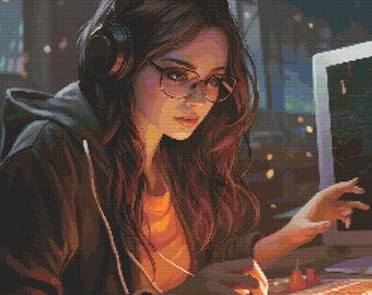 Computer Programmer Girl 5 Kreuzstichmuster Digital Download