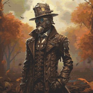 May include: A steampunk-style figure wearing a brown leather coat, a large hat with goggles, and a gas mask. The figure is standing in a forest setting with autumn leaves.