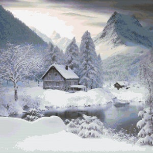 Swiss Alps Winter Scene Cross-Stitch Pattern Digital Download