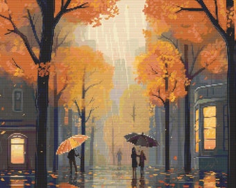 May include: A rainy autumn day in the city, with two people walking under umbrellas down a street lined with trees with yellow leaves. The street is wet and there are fallen leaves on the ground.