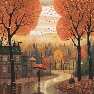 Könnte beinhalten: Ein digitales Gemälde, das eine Herbstlandschaft mit zwei Bäumen im Vordergrund, einer Person, die einen Weg mit einem Regenschirm entlanggeht, und Häusern im Hintergrund zeigt. Die Bäume haben orange und rote Blätter und der Boden ist mit heruntergefallenen Blättern bedeckt.