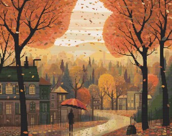 May include: A digital painting of a fall scene with two trees in the foreground, a person walking down a path with an umbrella, and houses in the background. The trees have orange and red leaves, and the ground is covered in fallen leaves.