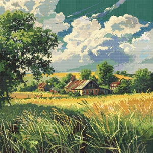 May include: A painting depicting a rural landscape with a field of tall grass in the foreground, a small village with houses in the middle ground, and a cloudy sky in the background.