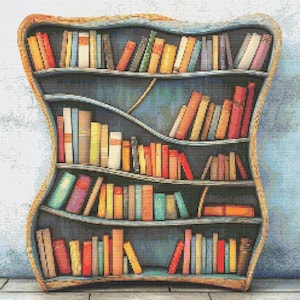 Curvy Bookcase with Colored Books Cross-Stitch Pattern Digital Download