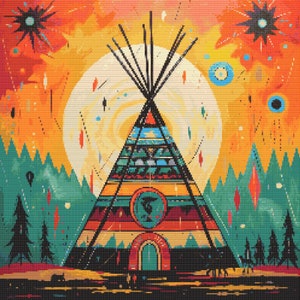 May include: A colorful, geometric illustration of a teepee against a vibrant sunset backdrop. The teepee features a circular emblem and is surrounded by stylized trees and abstract shapes in shades of orange, teal, and black.