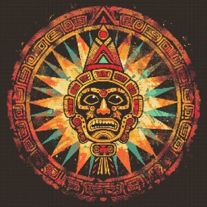 Puede incluir: Una ilustración estilizada de una máscara azteca dorada con un tocado rojo y negro, rodeada de un patrón circular de formas geométricas rojas, naranjas y amarillas.