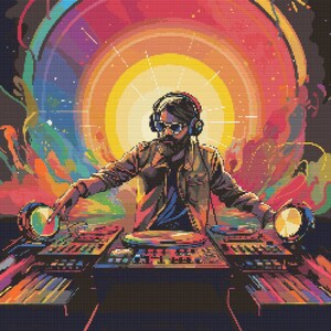 Könnte beinhalten: Ein DJ mit Sonnenbrille und Kopfhörern steht hinter einem Mischpult mit bunten abstrakten Formen im Hintergrund.