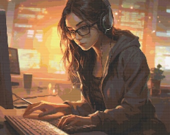 Computer Programmer Girl 2 Cross-Stitch Pattern Digital Download