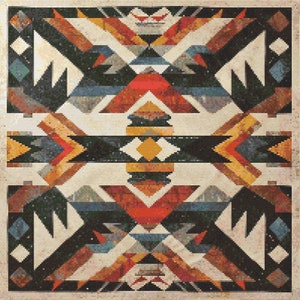 Könnte beinhalten: Ein geometrisches Muster im Südwest-Stil. Das Muster zeigt eine Vielzahl von Farben, darunter Rot, Orange, Gelb, Blau und Schwarz. Das Muster ist symmetrisch und hat ein sich wiederholendes Design.