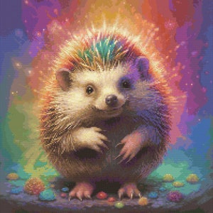 May include: A colorful hedgehog with a rainbow-colored mane and a sweet expression. The hedgehog is surrounded by a vibrant, abstract background with shades of purple, pink, and orange.