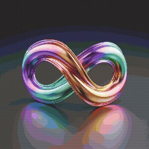 Puede incluir: Un símbolo de infinito metálico con un acabado arcoíris iridiscente. El símbolo se refleja en una superficie oscura.