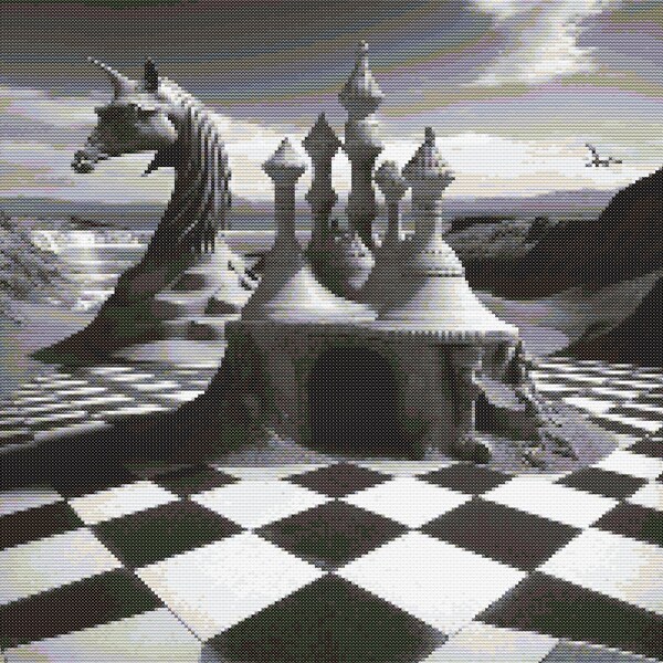 Chess Board Surrealism 3 Cross-Stitch Pattern Téléchargement numérique