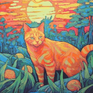 Orange Tabby Cat in Bright Colors 2 Cross-Stitch Pattern Digital Download
