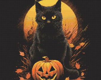 ハロウィン黒猫クロスステッチ図案PDF、ハッピーハロウィンクロス