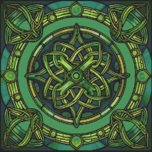 Może przedstawiać: Wzór celtyckiego węzła w kolorze zielonym i złotym z okrągłym wzorem w środku. Wzór jest otoczony kwadratową ramą z podobnym wzorem.