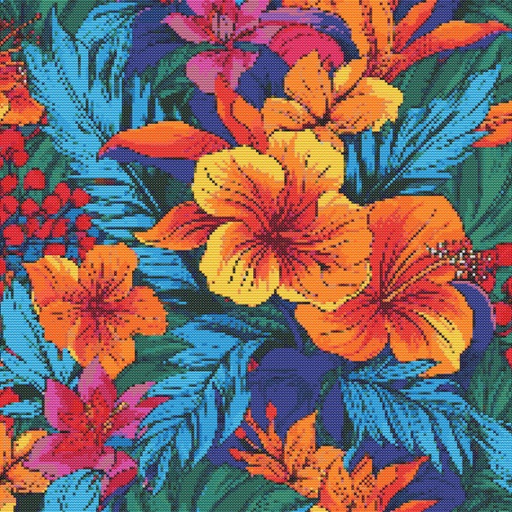 HAWAII 5C　Redオーバープリント Bright Hawaiian Flowers 3 Cross-stitch Pattern Digital