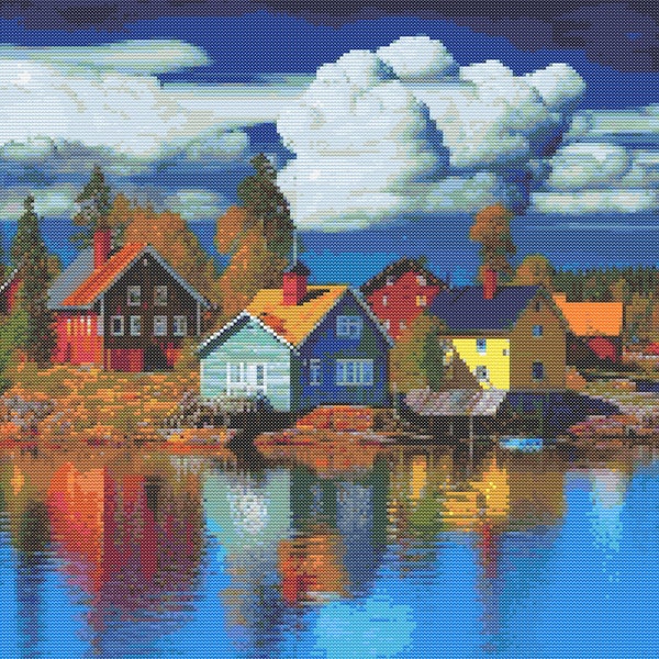 Colorful Houses of Finland with Water Reflections Cross-Stitch Pattern Digital Download