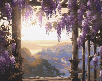 May include: A wooden pergola covered in purple wisteria flowers with a view of a distant valley and a sunset in the background.