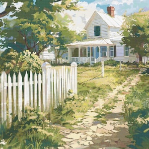 White Picket Fence Scene 3 Cross-Stitch Pattern Digital Download