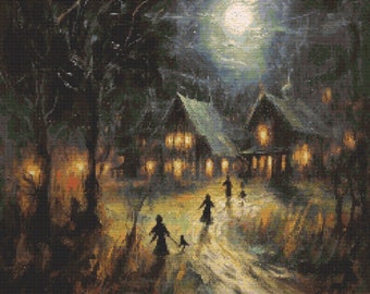 Halloween Night Scene 1 Cross-Stitch Pattern Digital Download