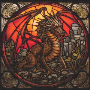 Medieval Dragon Stained-Glass Window 3 Cross-Stitch Pattern Digital Download