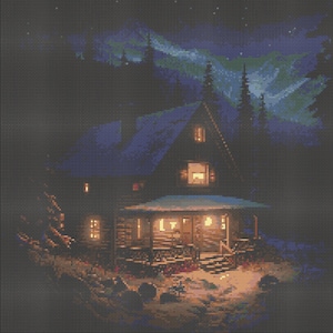 Verschneite nächtliche Berghütte Kreuzstichmuster Digital Download