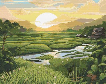 Arrozales Escena 3 Patrón de punto de cruz Descarga digital