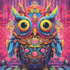 Puede incluir: Un búho pixelado colorido con detalles intrincados y una corona. El búho está hecho de varias formas geométricas y patrones, incluyendo círculos, cuadrados y triángulos. Los ojos del búho son grandes y amarillos, y su pico es pequeño y puntiagudo. El búho está sobre un fondo rosa y morado.