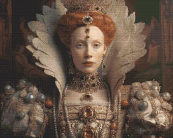 May include: A portrait of a woman wearing a white ruff collar, a crown, and a gold necklace with red gemstones. She has red hair and is wearing a white dress with gold embroidery.