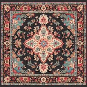 May include: A black and white rug with a floral pattern. The rug has a central medallion with a geometric design and a border with a repeating floral motif.