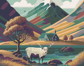 Scottish Highlands Scene Cross-Stitch Pattern Digital Download