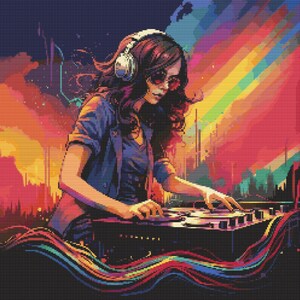 Könnte beinhalten: Eine Frau mit Kopfhörern und Sonnenbrille mischt Musik an einem DJ-Mixer. Der Hintergrund ist ein farbenfrohes abstraktes Design mit roten, orangen, gelben, grünen, blauen und violetten Streifen.